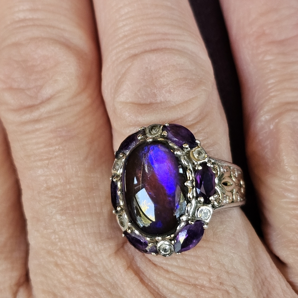 Vintage ✨️ Ammolite & Amethyst Ring in Palladium Sterling Silver Sz 6! - Picture 8 of 12